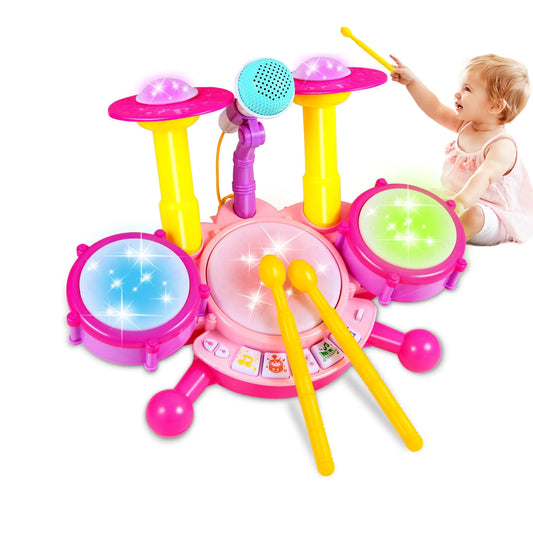Kids Drum Set for Toddlers 1-3 Toddler Drum Set Toys for 1 + Year Old Girl with 2 Drum Sticks Beats Flash Light and Microphone Baby Drum Set 1 Year Old Girl Gifts First Birthday Gifts for Girls 1-6